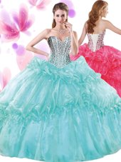 Beauteous Organza Sweetheart Cap Sleeves Lace Up Beading and Ruffles Sweet 16 Dresses in Royal Blue