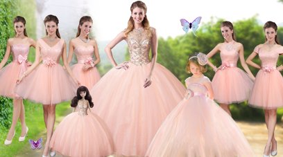 Unique Sleeveless Tulle Floor Length Lace Up Quinceanera Gowns in Peach for with Beading