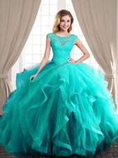 Charming Scoop Cap Sleeves Tulle 15 Quinceanera Dress Beading and Appliques and Ruffles Brush Train Lace Up