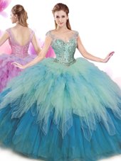 Graceful Multi-color Tulle Lace Up Sweet 16 Quinceanera Dress Cap Sleeves Floor Length Beading and Ruffles
