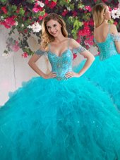 Unique Off The Shoulder Sleeveless Quince Ball Gowns Floor Length Beading and Ruffles Teal Tulle