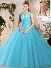 Great Scoop Tulle Sleeveless Floor Length Quinceanera Gowns and Beading