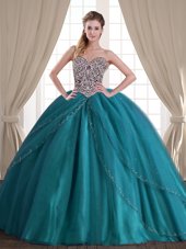 Sleeveless Brush Train Beading Lace Up Quince Ball Gowns