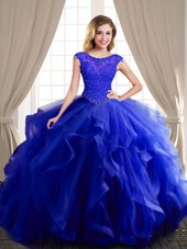 Inexpensive Scoop Cap Sleeves Tulle Sweet 16 Dress Beading and Appliques and Ruffles Brush Train Lace Up