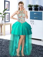 Graceful Halter Top Turquoise Tulle Lace Up Celebrity Style Dress Sleeveless High Low Embroidery and Pick Ups