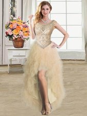 Perfect Tulle Scoop Sleeveless Lace Up Ruffles Junior Homecoming Dress in Champagne