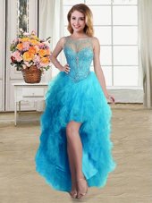 Glorious Scoop Sleeveless Prom Dress High Low Beading and Ruffles Baby Blue Tulle