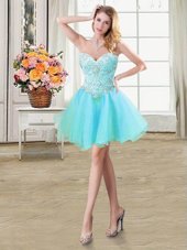 New Style Aqua Blue A-line Beading Party Dress for Toddlers Lace Up Organza Sleeveless Mini Length