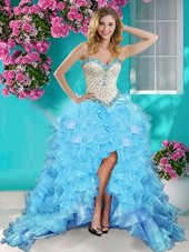 High Low Baby Blue Evening Gowns Sweetheart Sleeveless Lace Up