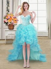 Sophisticated Aqua Blue Sleeveless Organza Lace Up Prom Homecoming Dress for Prom and Party