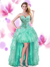 New Style Turquoise Sleeveless High Low Beading and Ruffles Lace Up Winning Pageant Gowns