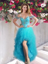 Off The Shoulder Sleeveless Tulle Prom Dresses Beading and Ruffles Lace Up