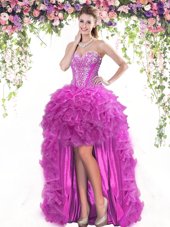 Fuchsia Lace Up Glitz Pageant Dress Beading and Ruffles Sleeveless High Low