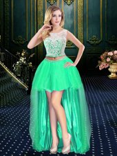 Turquoise Empire Tulle Scoop Sleeveless Lace High Low Clasp Handle Prom Dresses