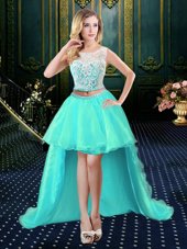 Eye-catching Scoop Clasp Handle Aqua Blue Sleeveless Lace High Low Prom Party Dress