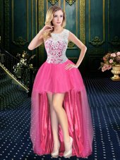 Extravagant Scoop Hot Pink Sleeveless High Low Beading Zipper Prom Dress