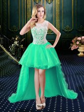 Edgy Lace High Low Turquoise Homecoming Dresses Scoop Sleeveless Zipper