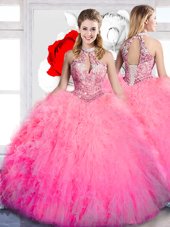 Flirting Ball Gowns 15 Quinceanera Dress Hot Pink Halter Top Tulle Sleeveless Floor Length Lace Up