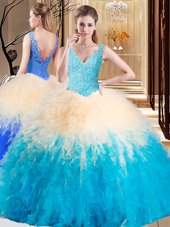 Multi-color Tulle Zipper Sweet 16 Quinceanera Dress Sleeveless Floor Length Appliques and Ruffles