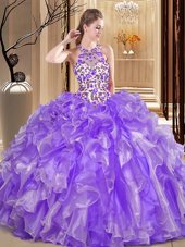 Sumptuous Lavender Ball Gown Prom Dress Military Ball and Sweet 16 and Quinceanera and For with Embroidery and Ruffles Scoop Sleeveless Backless