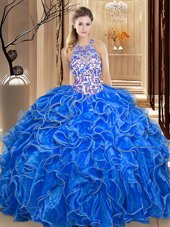 Royal Blue Scoop Neckline Embroidery and Ruffles Sweet 16 Dress Sleeveless Backless