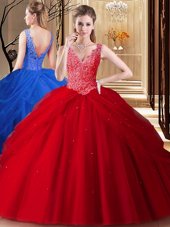 Attractive Tulle V-neck Sleeveless Backless Lace and Appliques and Pick Ups Quinceanera Gown in Red