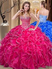 On Sale Sweetheart Sleeveless Sweet 16 Quinceanera Dress Floor Length Beading and Ruffles Hot Pink Organza