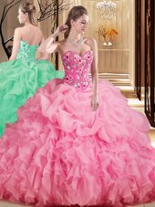Wonderful Pick Ups Ball Gowns Sleeveless Rose Pink 15th Birthday Dress Brush Train Lace Up