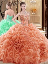 Orange Quinceanera Gowns Prom and Military Ball and Sweet 16 and Quinceanera and For with Embroidery and Ruffles and Pick Ups Sweetheart Sleeveless Lace Up