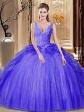Lavender Backless Quince Ball Gowns Appliques and Ruffles and Sequins Sleeveless Floor Length