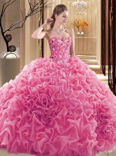 Floor Length Lace Up Sweet 16 Quinceanera Dress Rose Pink and In for Prom and Military Ball and Sweet 16 and Quinceanera with Embroidery and Ruffles and Pick Ups