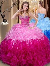 Floor Length Quinceanera Dress Fabric With Rolling Flowers Sleeveless Embroidery and Ruffles and Pick Ups