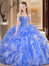 Custom Designed Organza Sweetheart Sleeveless Lace Up Beading and Embroidery and Ruffles Ball Gown Prom Dress in Blue