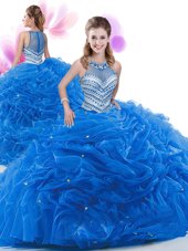 Royal Blue Zipper Ruffles Sweet 16 Dress Organza Sleeveless Court Train
