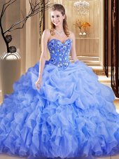 Lavender Ball Gowns Embroidery and Ruffles and Pick Ups Quince Ball Gowns Lace Up Organza Sleeveless