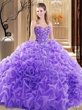 Custom Design Lavender Ball Gowns Sweetheart Sleeveless Fabric With Rolling Flowers Court Train Lace Up Embroidery and Ruffles and Pick Ups 15th Birthday Dress