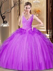 Ideal Purple V-neck Neckline Appliques and Ruffles and Sequins Sweet 16 Dresses Sleeveless Backless