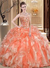 Fashion Beading and Ruffles Sweet 16 Dress Orange Lace Up Sleeveless Floor Length
