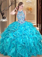 Super Scoop Sleeveless Backless Floor Length Embroidery and Ruffles 15 Quinceanera Dress