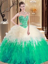 Amazing Sleeveless Lace Up Floor Length Embroidery and Ruffles Quince Ball Gowns