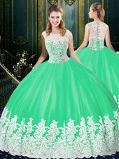 High Class Scoop Sleeveless Tulle Floor Length Zipper Sweet 16 Dresses in Apple Green for with Lace and Appliques