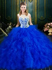 Noble Scoop Floor Length Royal Blue Sweet 16 Dress Tulle Sleeveless Lace and Ruffles