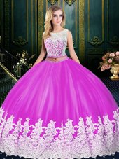 Amazing Fuchsia Quinceanera Dresses Military Ball and Sweet 16 and Quinceanera and For with Lace and Appliques Scoop Sleeveless Zipper