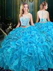 Captivating Scoop Blue Zipper Sweet 16 Dress Lace and Ruffles Sleeveless Floor Length