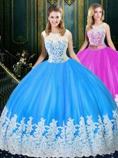 Two Pieces Ball Gown Prom Dress Baby Blue Scoop Tulle Sleeveless Floor Length Zipper