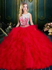 Scoop Red Sleeveless Floor Length Lace and Ruffles Zipper Quinceanera Gown