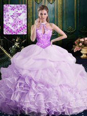 Inexpensive Halter Top Lavender Organza Lace Up Quince Ball Gowns Sleeveless Brush Train Beading and Lace and Appliques and Ruffles and Pick Ups