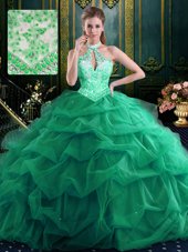 Halter Top Sleeveless Quinceanera Dresses Floor Length Beading and Ruffles and Pick Ups Dark Green Organza and Tulle