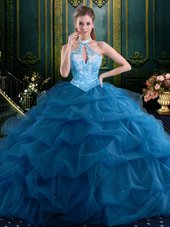 New Arrival Halter Top Tulle Sleeveless Floor Length 15 Quinceanera Dress and Beading and Pick Ups
