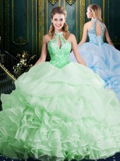 Halter Top Sleeveless Brush Train Beading and Lace and Appliques and Ruffles and Pick Ups Lace Up Quinceanera Gown